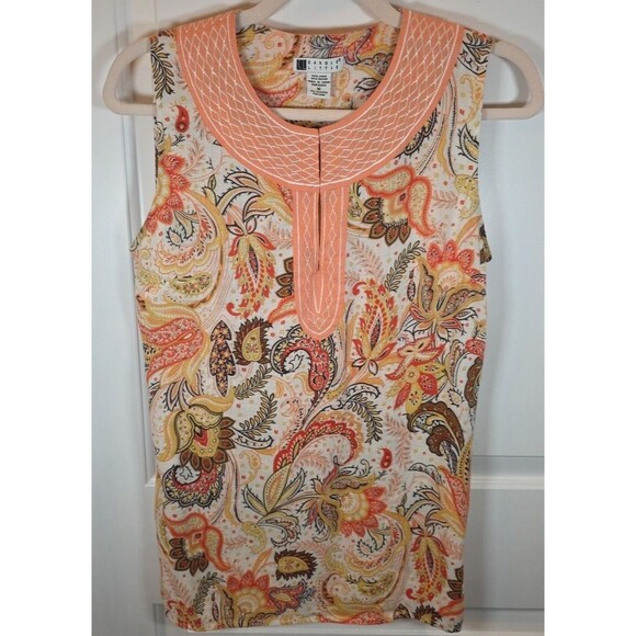 CAROLE LITTLE Peach Paisley Linen Blend Sleeveless Top Sz Medium 70s‎ Retro - Picture 1 of 7
